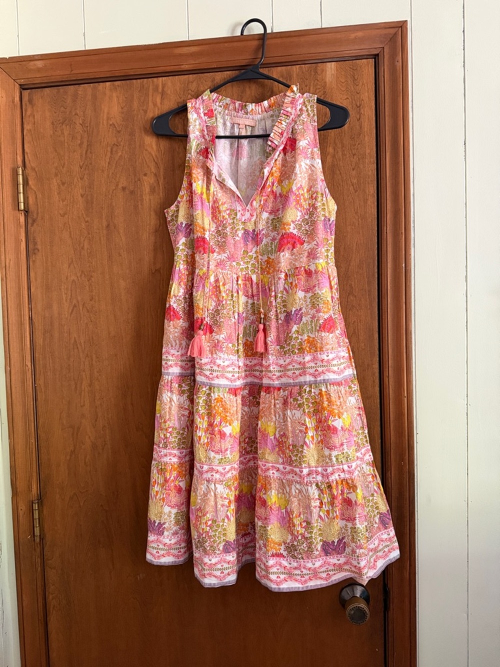 Azure and Indigo Floral Mid Length Dress With Tassels Size Small 100% Cotton